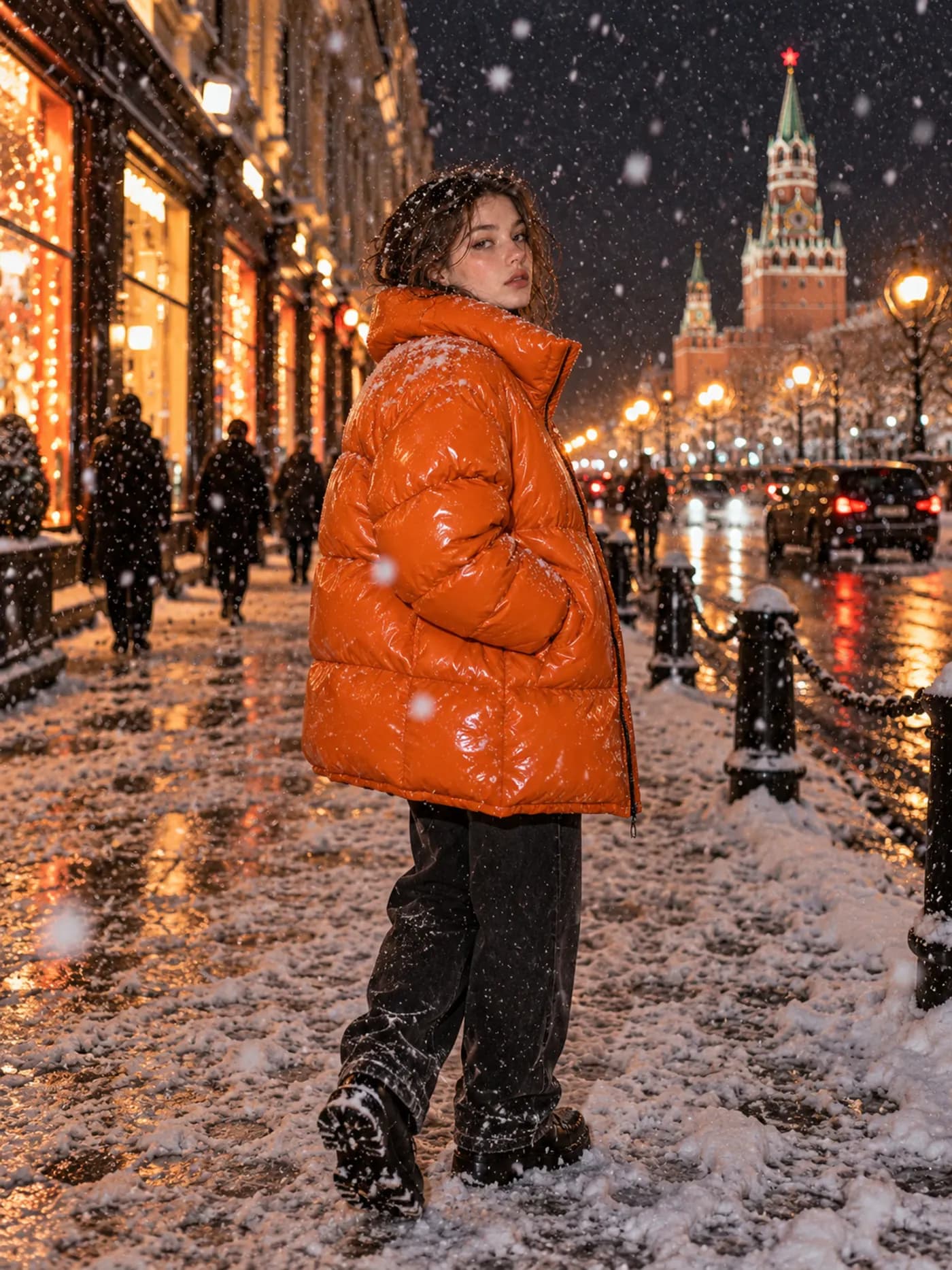 Девушка в оранжевом пуховике на заснеженной улице вечером, вертикальный кадр